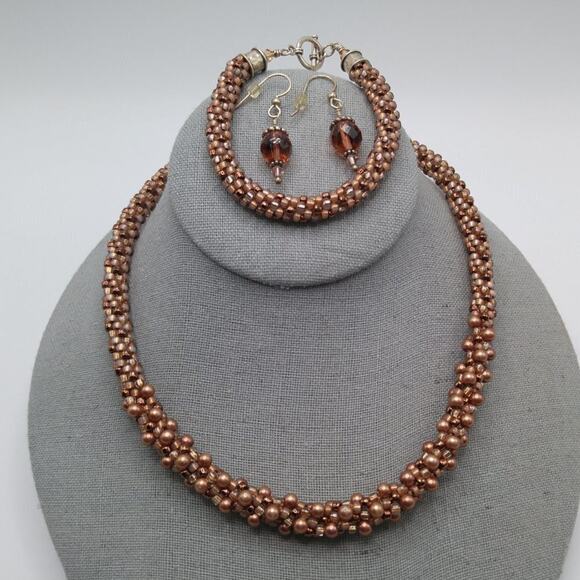 Handmade Topaz Glass Beaded Necklace Bracelet Earrings, Silver Plated Clasps - Picture 4 of 7